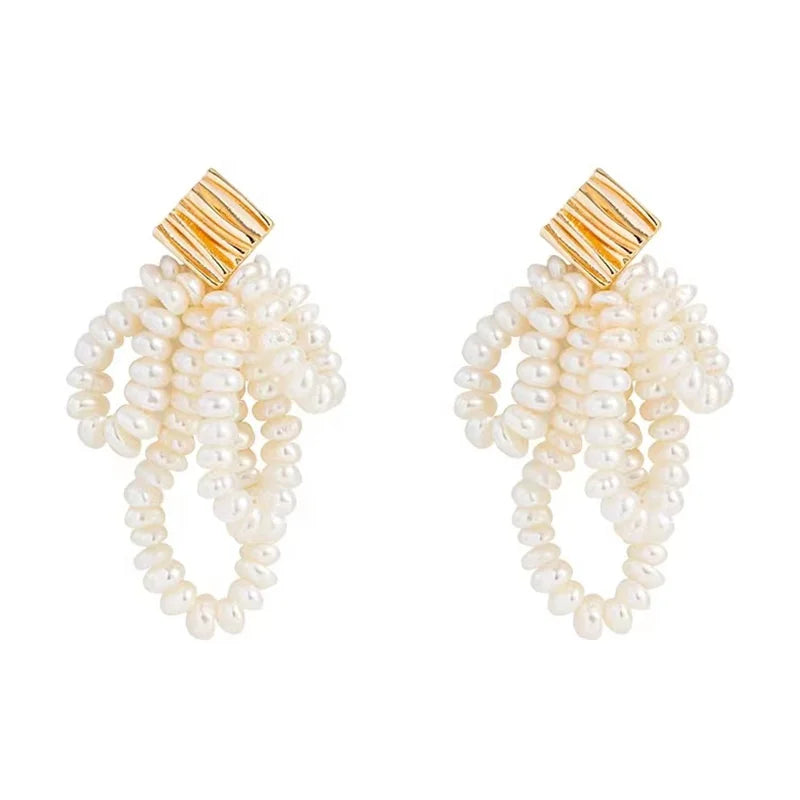 French Retro Baroque S925 Silver Needle Hand-Woven Tassel Natural Freshwater Pearl Earrings Gold Vintage for Wedding Party