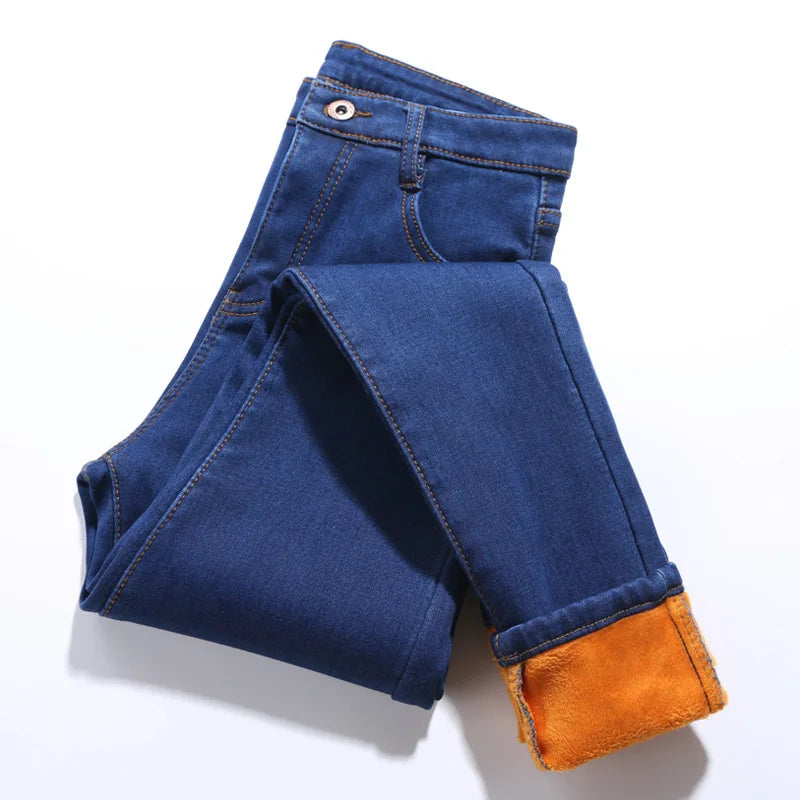 Autumn Winter Warm Jeans for Women Slim Straight Plus Velvet Thick Denim Trousers Stretchy Casual Long Pants