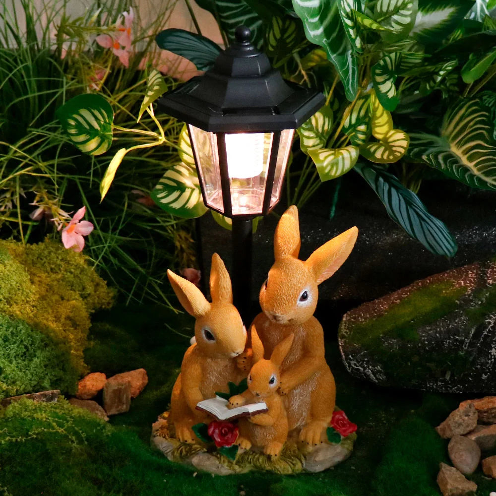 Solar-powered Resin Bunny Family Figurine Life Size Intricate Lantern & Botanical Accent Outdoor Decorative Garden Ornament