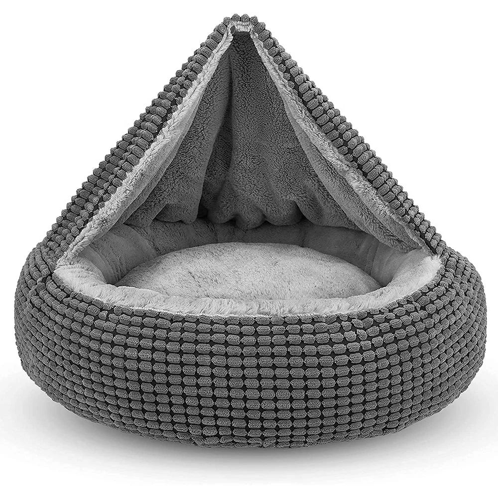 Attached Blanket Cats Soft Plush Foam Cozy Hooded Pet Beds Washable Round Breathable Calming Anti-Slip Bottom