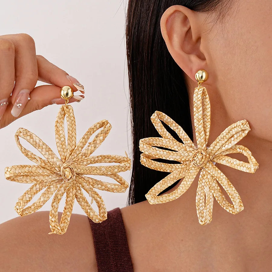 2025 New Arrival Fashion Jewelry Bohemian Hand Woven Flower Silver Needle Earrings Rattan Big Boho Handmade Earrings for Women