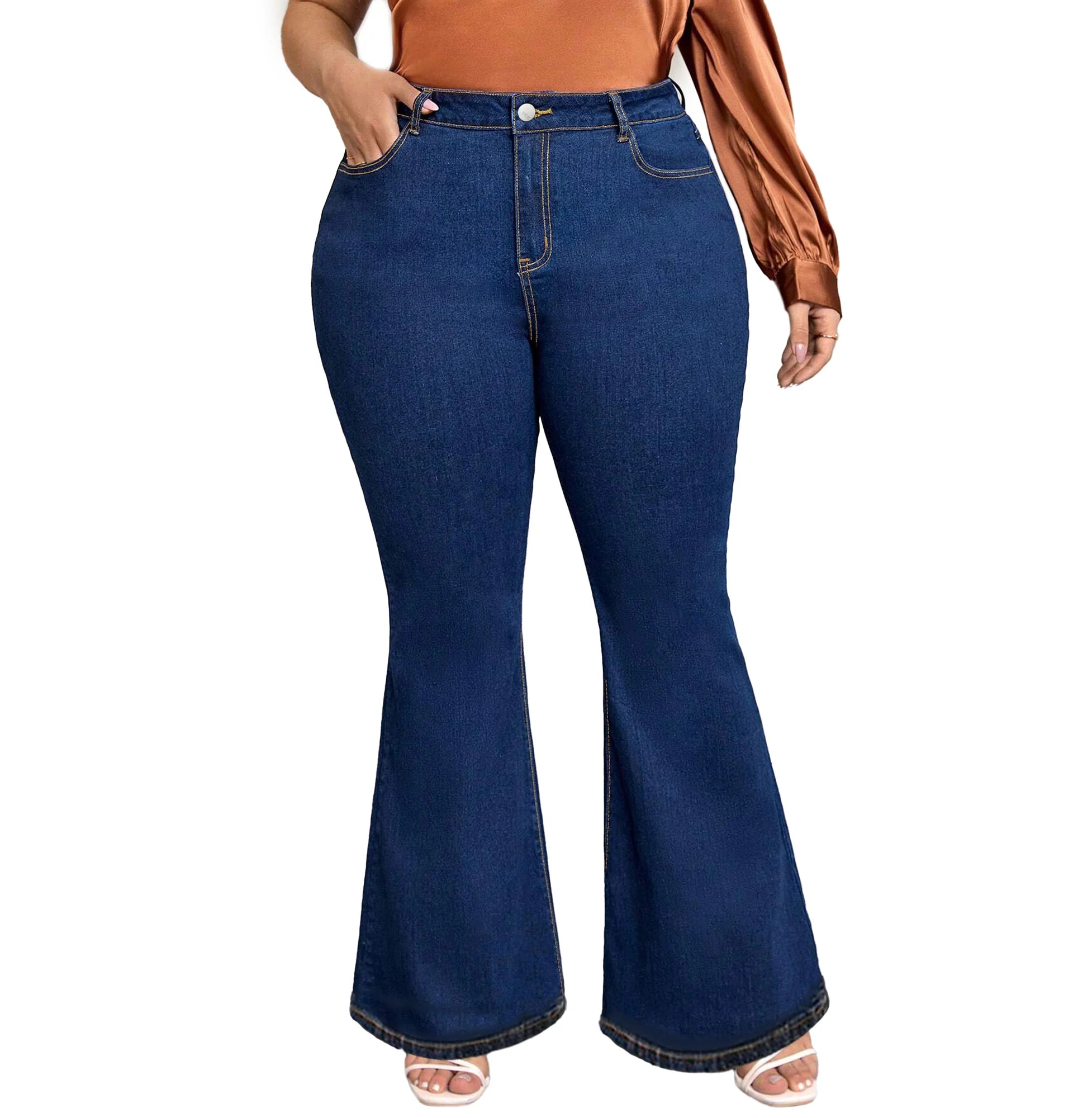 Women's High Waist Vintage Jeans Slim Flare Wide Leg Trousers Dark Blue Plus Size Casual Style for Spring and Autumn