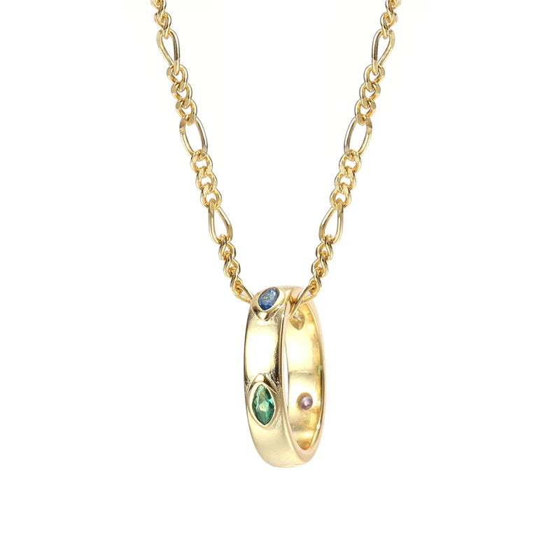 Damila Women 18K Gold Plated Figaro Chain Necklace 925 Silver Dainty Zircon Hollow Circle Pendant Necklace