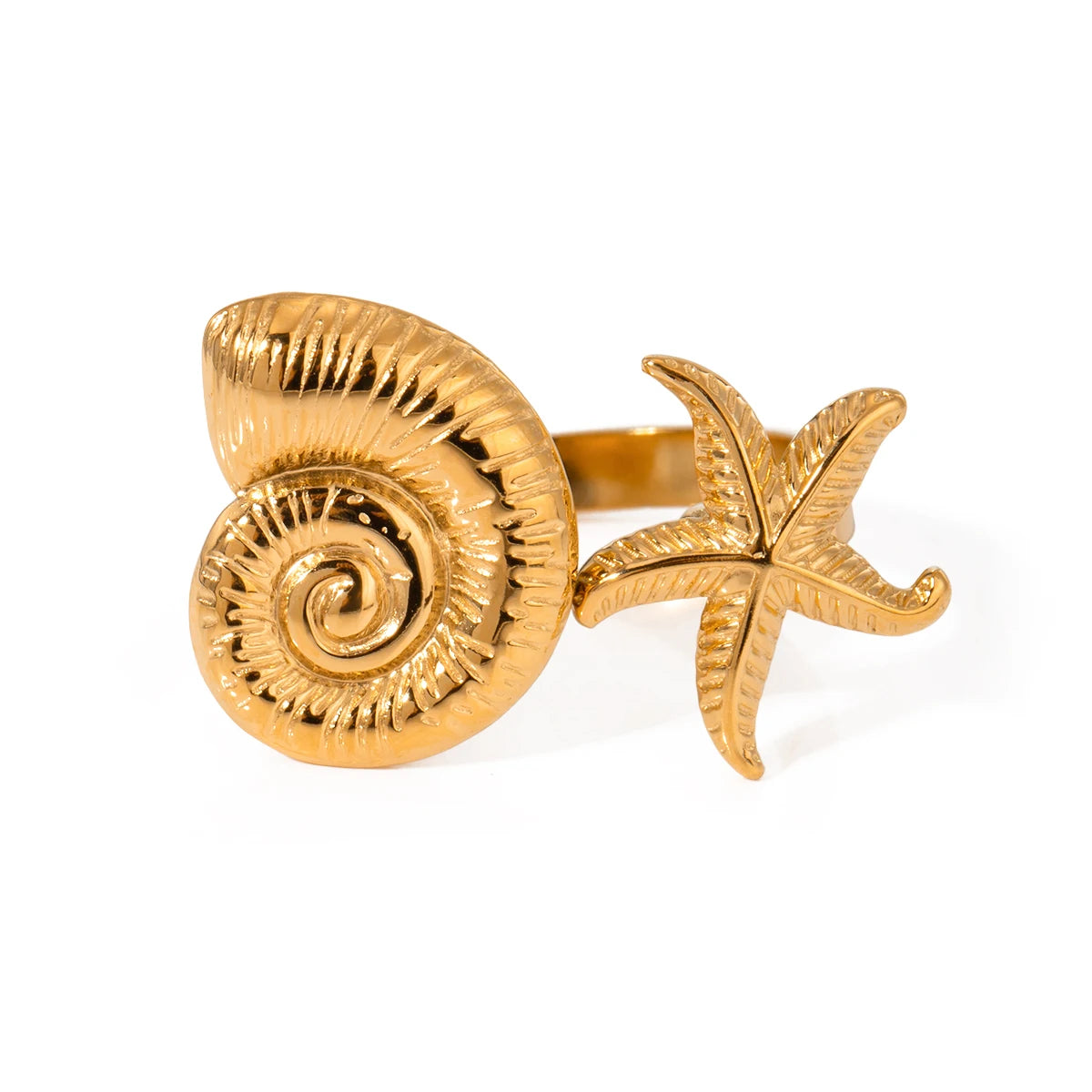 J&D 18K Gold Plated Stainless Steel Starfish Conch Open Ring