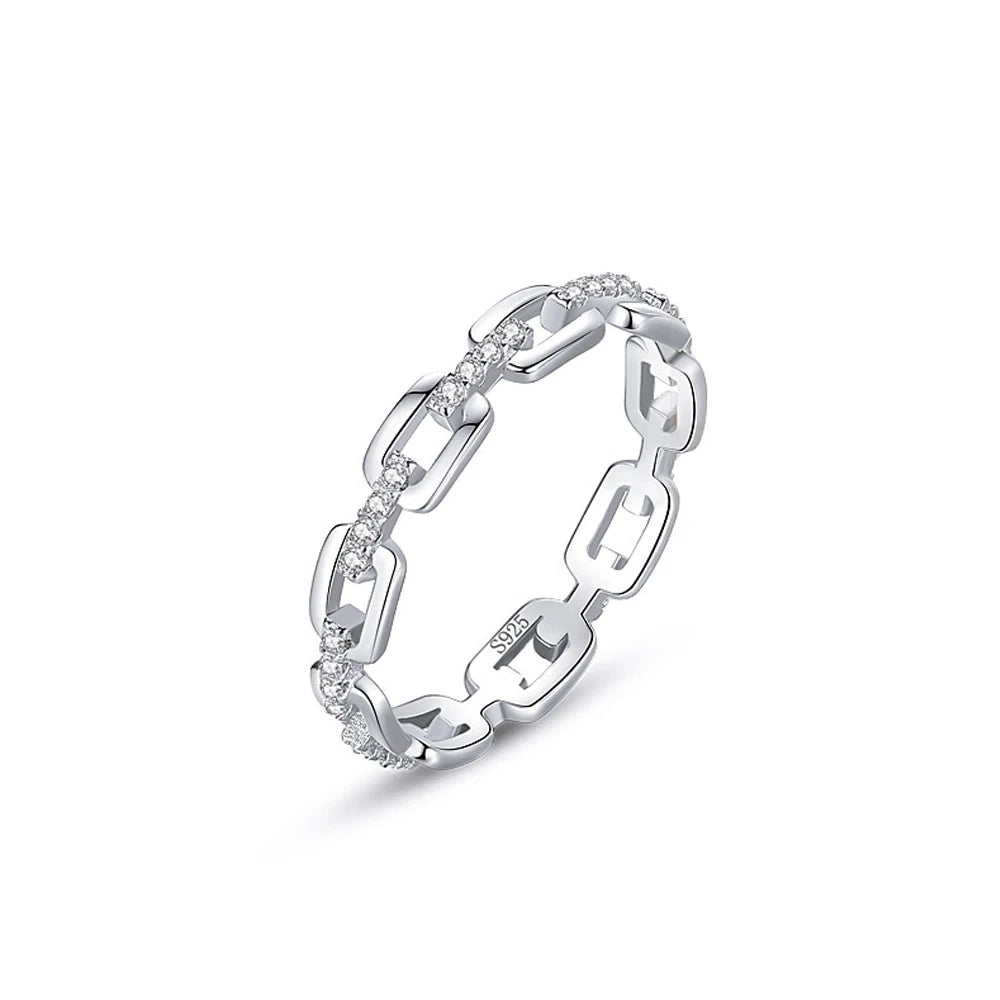 Fashionable Shimmering 925 Sterling Silver Hollowing Out Chain Link Cubic Zirconia Filled Finger Rings for Women Jewelry