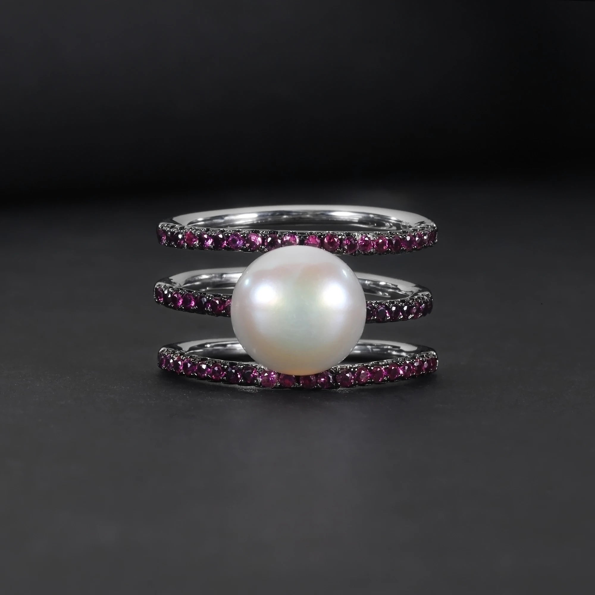 C5160 Abiding Shield 3 Years Long Lasting Plating 9mm White Fresh Water Pearl Red Side Stone Engagement OEM Silver Wedding Ring