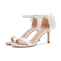 Ladies White Satin Sandals Summer Women Bow High Heels Elegant Ankle Buckle Wedding Bridal Shoes