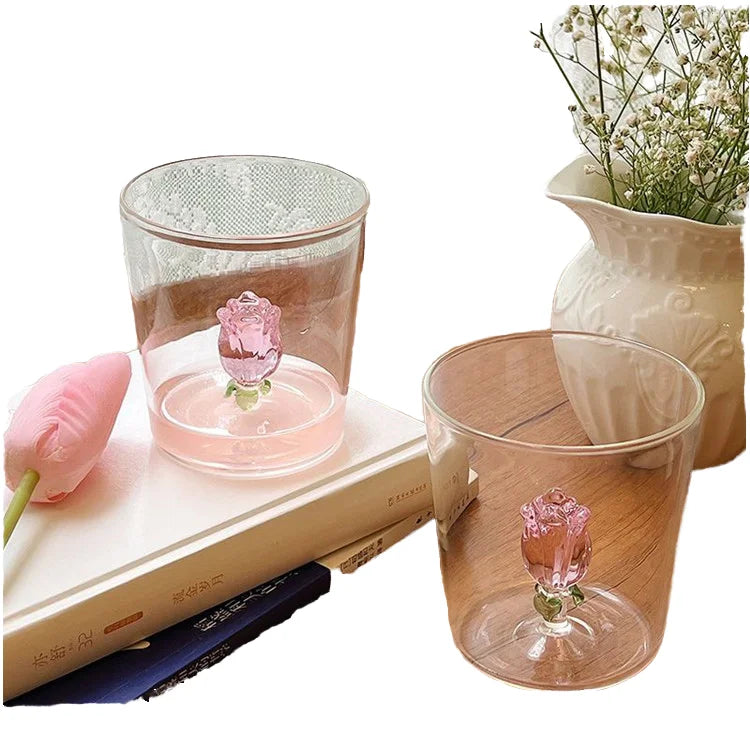 Aesthetic Round Single Layer Glass Cup Transparent Three Dimensional Bottom Rose Design for Juice Water Milk Tea Drinks MegaBDM