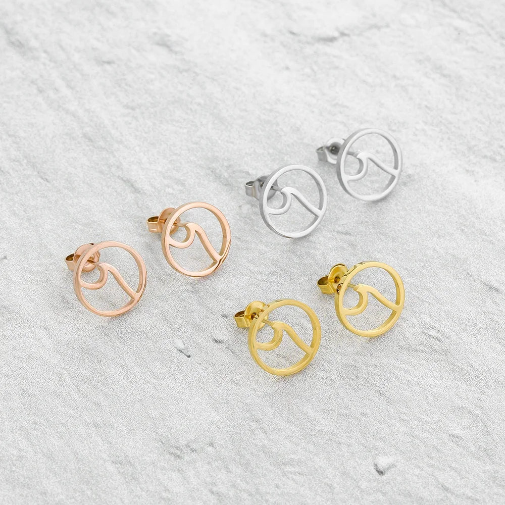High Quality Simple Ocean Stud Earrings Trendy Stainless Steel Wave Design with Gold Plating Beach Girl Fashion for Ladies Gift