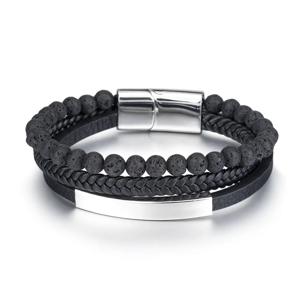 Men's Multi-Layer Woven Volcanic Stone Leather Bracelet Stainless Steel Charm Bracelets for Party Wedding Gift Jewelry