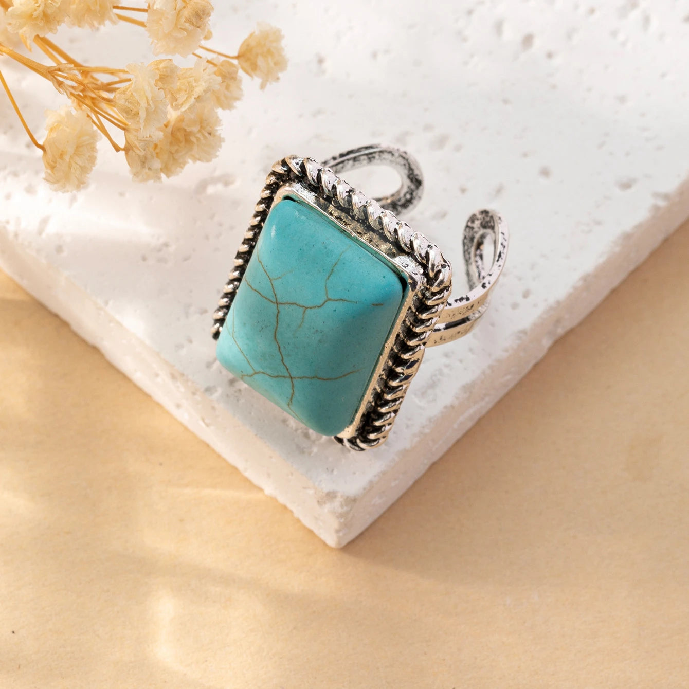 2023 New Bohemian Western Square Shape Turquoise Ring for Woman Gift