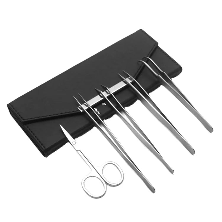 Nano Grip Stainless Steel Eyelash Tweezers Kit Matte Silver Leather Case Beauty Tool for Eyebrow Extensions Pointed Tip Type