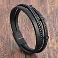 Special Design Fashion Bracelets Genuine Leather Stainless Steel Black Stripe Color for Men's Marry Christmas Birthday Gift