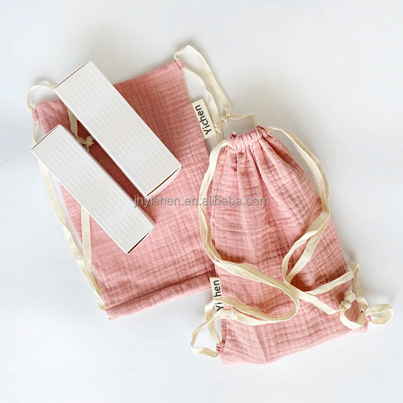 Personalized Organic Cotton Drawstring Laundry Bags Cotton Gauze New-Born Set Pouches With Custom Label