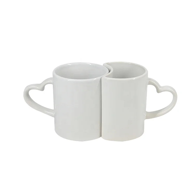 Custom Personalized White Sublimation 350ml Porcelain Ceramic Mug Couple Pair Heart Shape Handle Dishwasher Microwave Safe