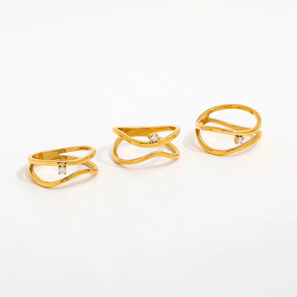 High End 18K Gold Plated Stainless Steel Jewelry Dainty Double Layer Curve Rings Zirconia Simple Trendy Design Parties Gifts