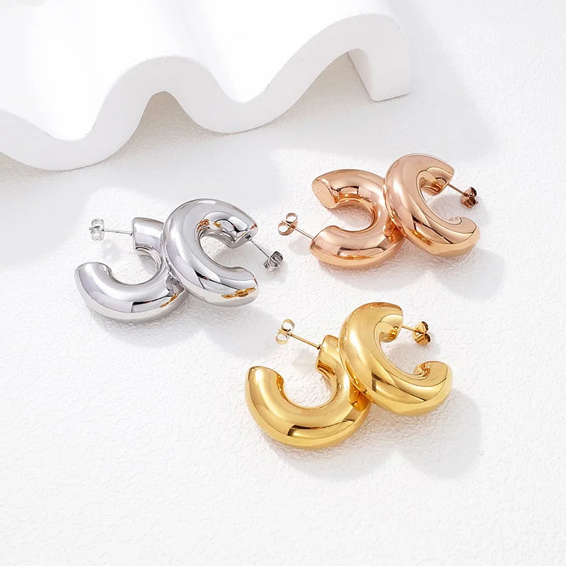 Fashion Minimalist High Quality Polished Stainless Steel Jewelry Wholesale 18K Gold Plated Rose Hollow C Shape Big Hoop Earrings