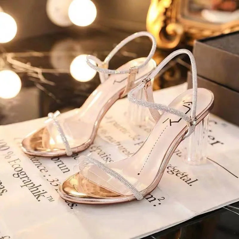 Outdoor Ladies Sandal Summer Crystal slippers Women's Wearing Transparent Strap Sandals fairy Style High Heeled Block Heels