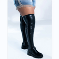 BUSY GIRL Black Leather Thigh High Long Boots for Women Flat Shoes Sock Boots 2024 Fashion Ladies Stretch Thick Leg Boots Ladies