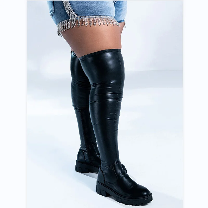 BUSY GIRL Black Leather Thigh High Long Boots for Women Flat Shoes Sock Boots 2024 Fashion Ladies Stretch Thick Leg Boots Ladies