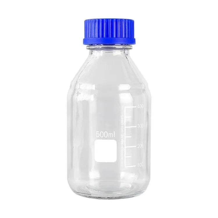 100ml 250ml 500ml Transparent Scale LAB GLASS Storage Bottle (Screw Cap) for Testing Laboratory With Screw Blue Orange Cap