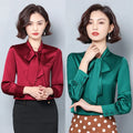 Women Satin Blouses Luxury Pure Silk Bow Tie Neck Tunic Tops Formal Office Work Shirt Designer Blouse