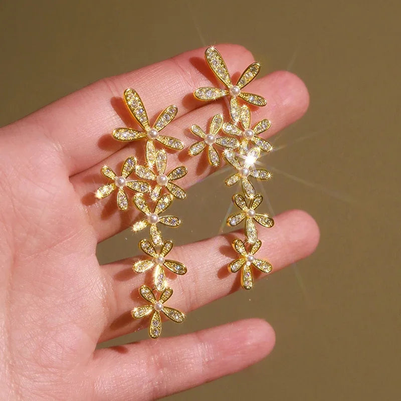 CAOSHI Hot Sale Delicate Flower Design Cubic Zirconia Pearl Gold Plated Hanging Earrings for Women Wedding CZ Pendant Earrings