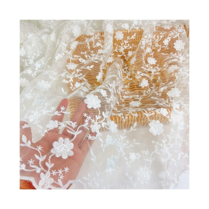 Flower Lace Fabric with Soft Elastic Floral Embroidery Lace Bridal Headdress Mesh Embroidered Lace Fabric for Wedding
