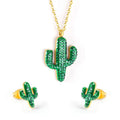 Stainless Steel Jewelry Women 18K Gold Plated Plant Animal Cactus Jewelry Set Green Crystal Pave Pendant Necklace Earrings Set