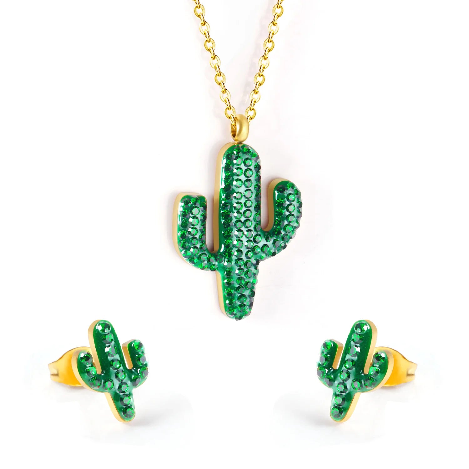 Stainless Steel Jewelry Women 18K Gold Plated Plant Animal Cactus Jewelry Set Green Crystal Pave Pendant Necklace Earrings Set