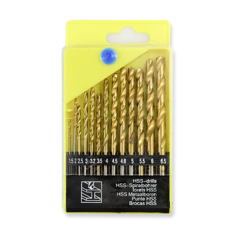 Set of 13pcs High Speed Steel Titanium Plated Twist Drill Bit Set Hexagonal Handle Drills Electric Hand Drill Bits 1.5 to 6.5mm