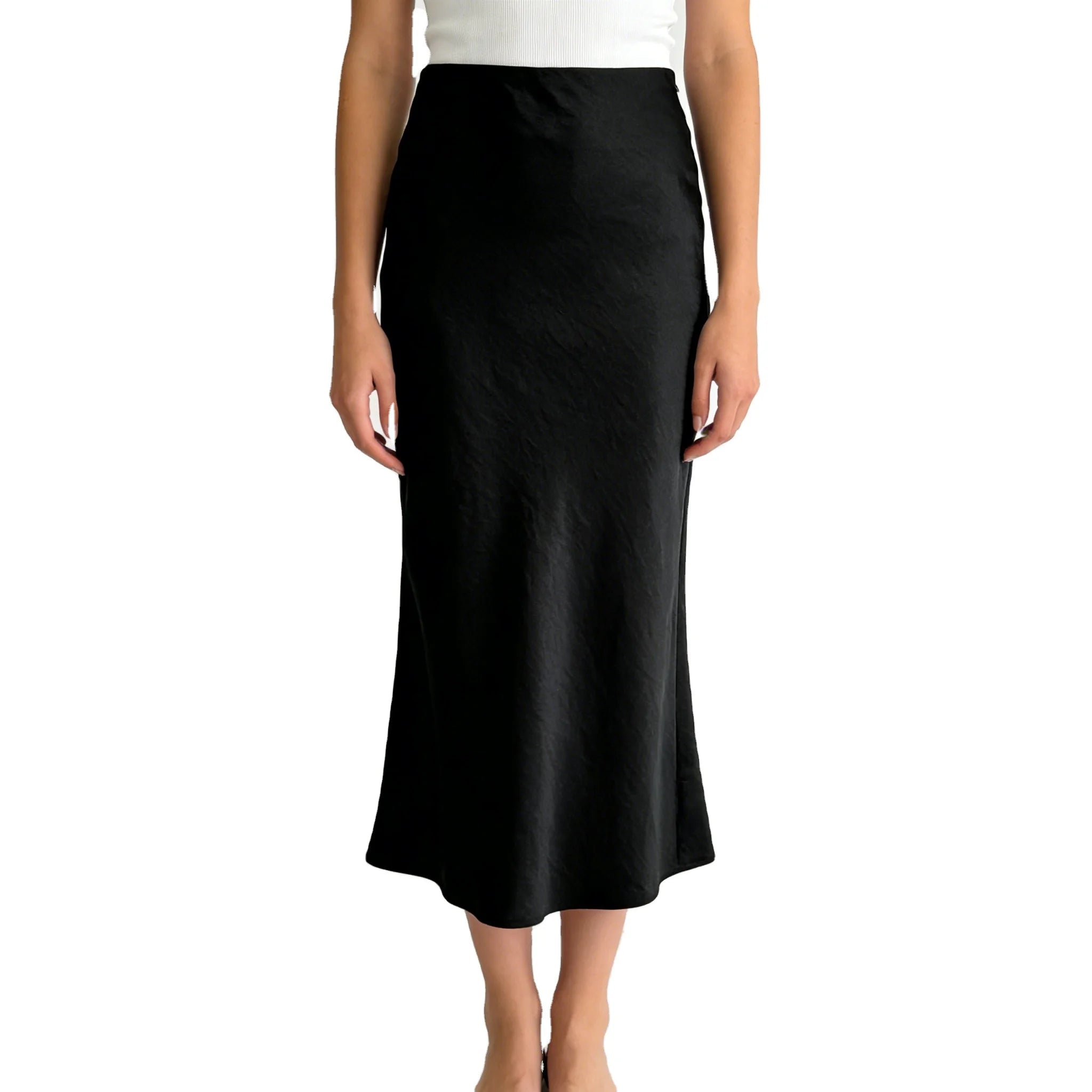 Women Simple Black Satin Advanced Elegant Office Uniform Straight Skirt for Commuting