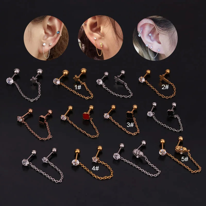 Fashion Piercing Drip Oil Clover Flower Ear Bone Studs Zircon Stainless Chain Double Stud Earrings for Women