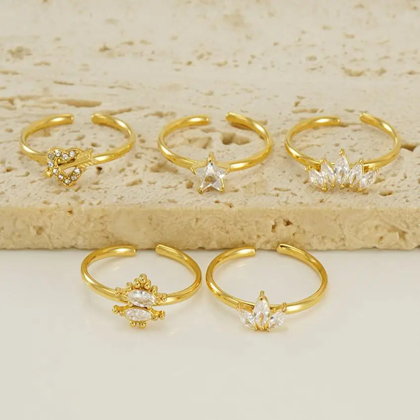 New Dainty Minimalist 18K Gold Plated Stainless Steel Rings Beautiful Crystal Stone Crown Maple Heart Star Zircon Paved Ring