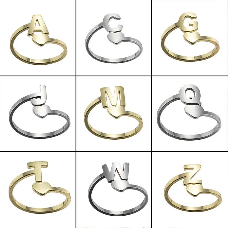 Fashion Non Tarnish 18K Gold Silver Plated Charm Heart A-Z 26 Letters Women Adjustable Stainless Steel Initial Rings Jewelry
