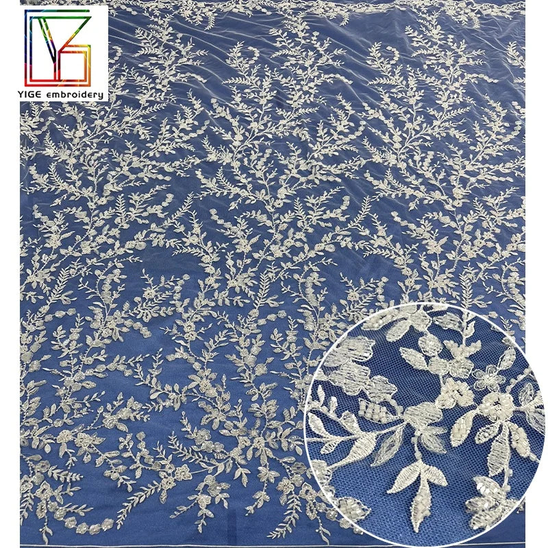 New White Embroidered Wedding Bridal Beads French Tulle Mesh With Sequins Lace Women Dress Lace Fabric