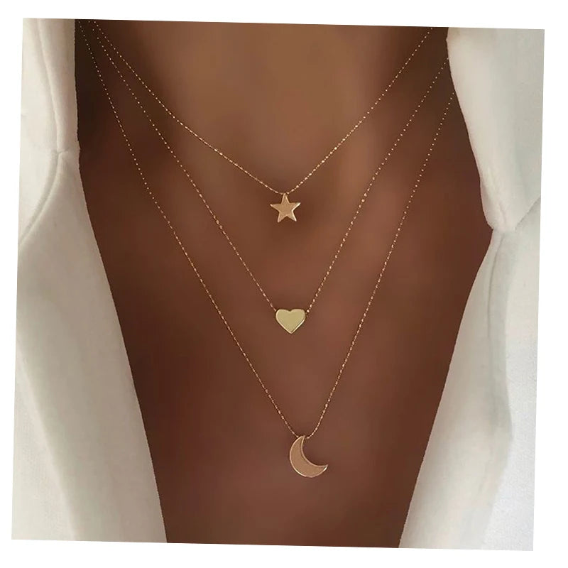 Fashion Star Moon Heart Heart Pendant Round Bead Necklace for Women Jewelry