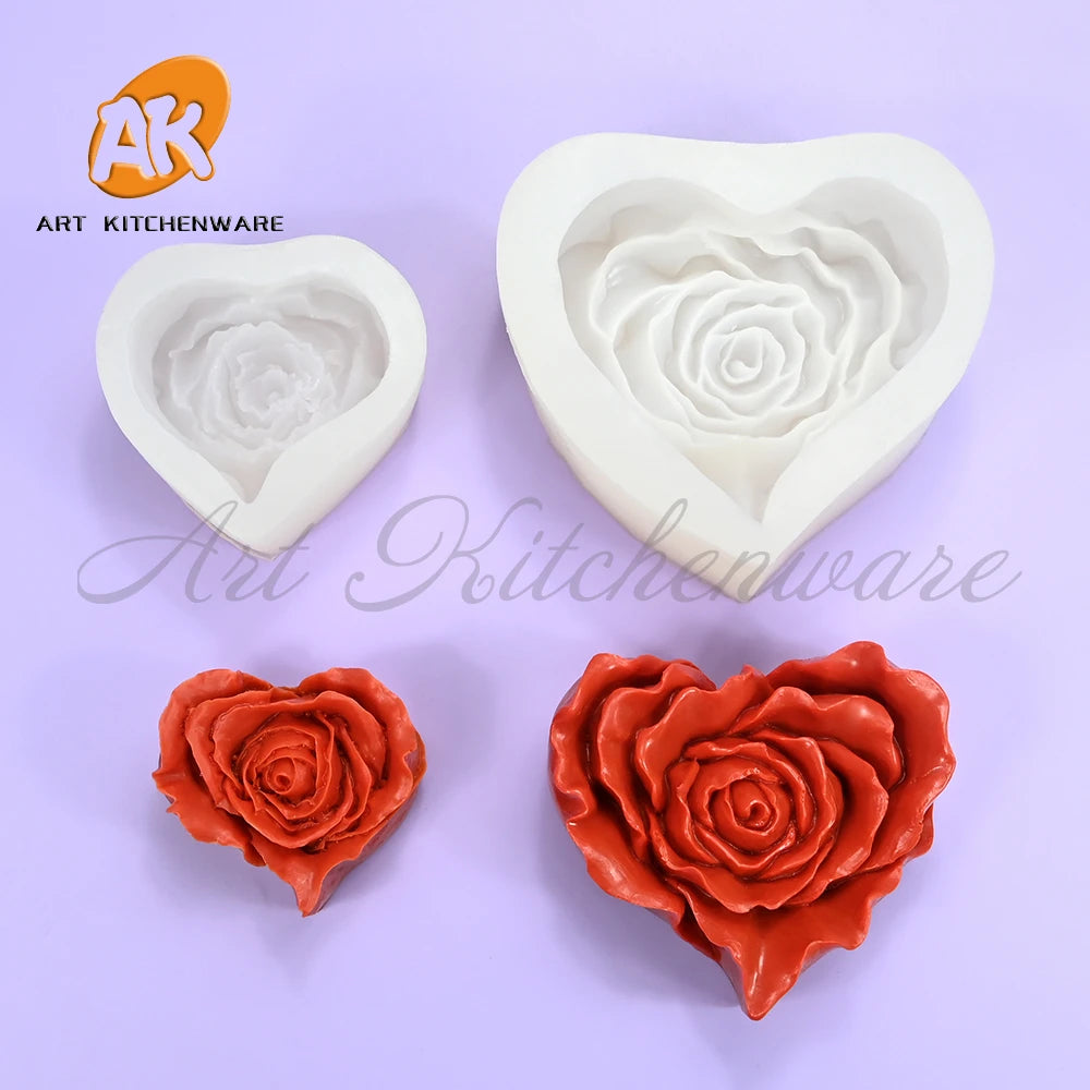 AK Rose Heart 3D Silicone Resin Wax Candle Molds for Wedding Mousse Cake Decorating Mold Chocolate Mould DIY Concrete Decoration