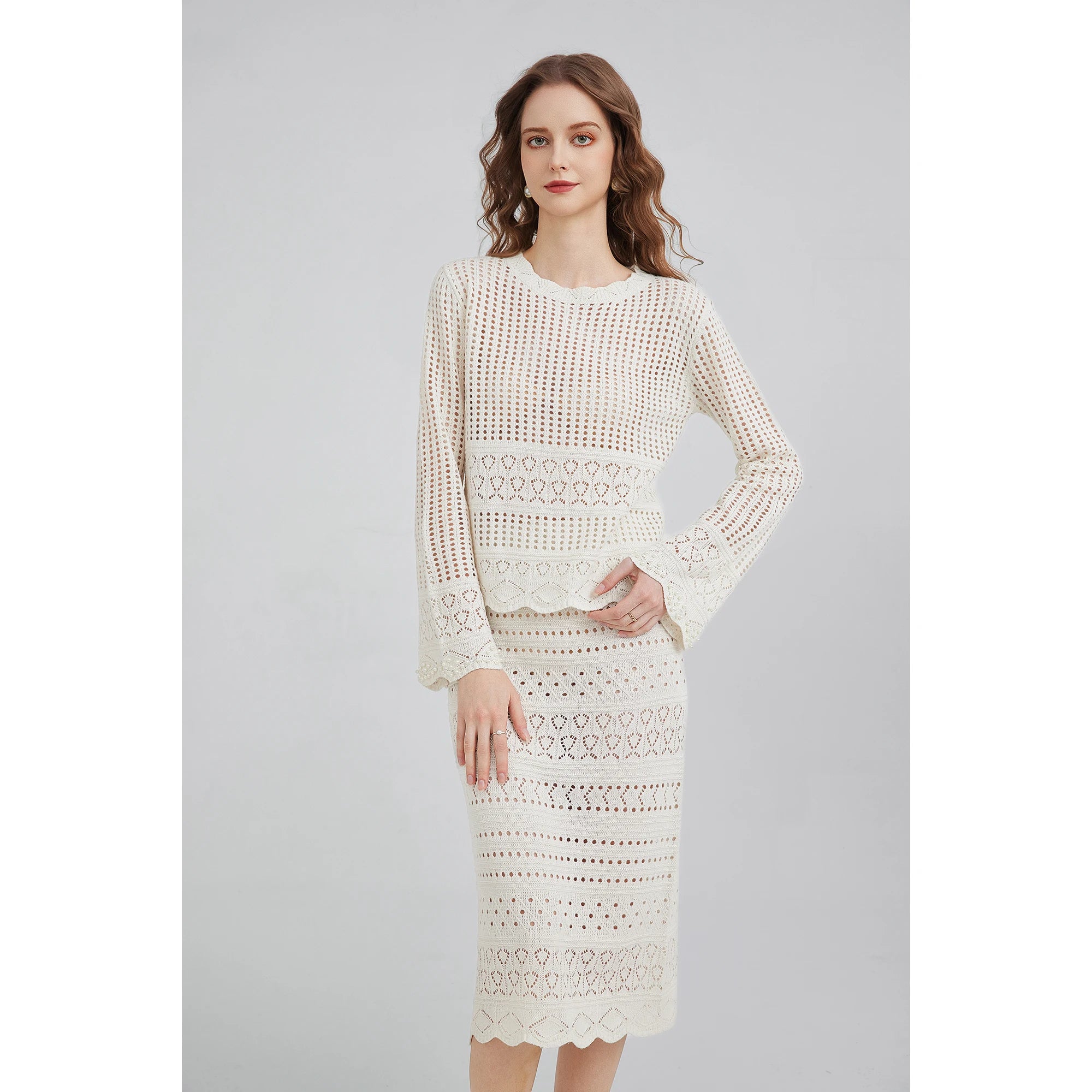 Goods in Stock Womens Pointelle Sweater Maxi Skirt Exclusively Women's Knit Beaded Top and Skirt Set