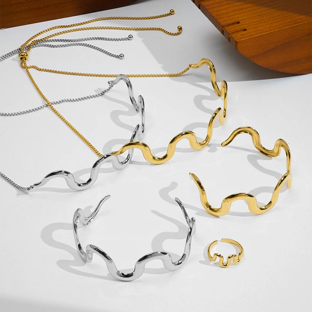 18K Gold Plated Stainless Steel Jewelry Twist Wavy Adjustable Waterproof Necklace Ring Bracelet Jewelry Sets for Women B252531