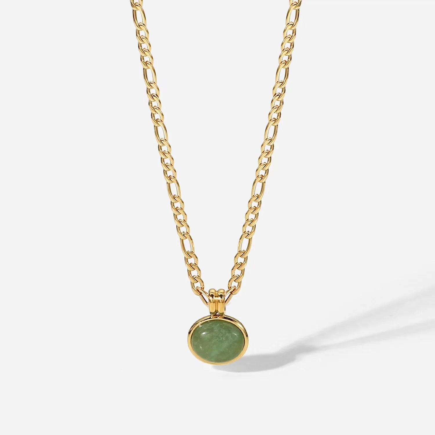 18K Gold Plated Stainless Steel Necklace Retro Ellipse Natural Stone Green Aventurine tiger Eye Gemstone Pendant Necklace