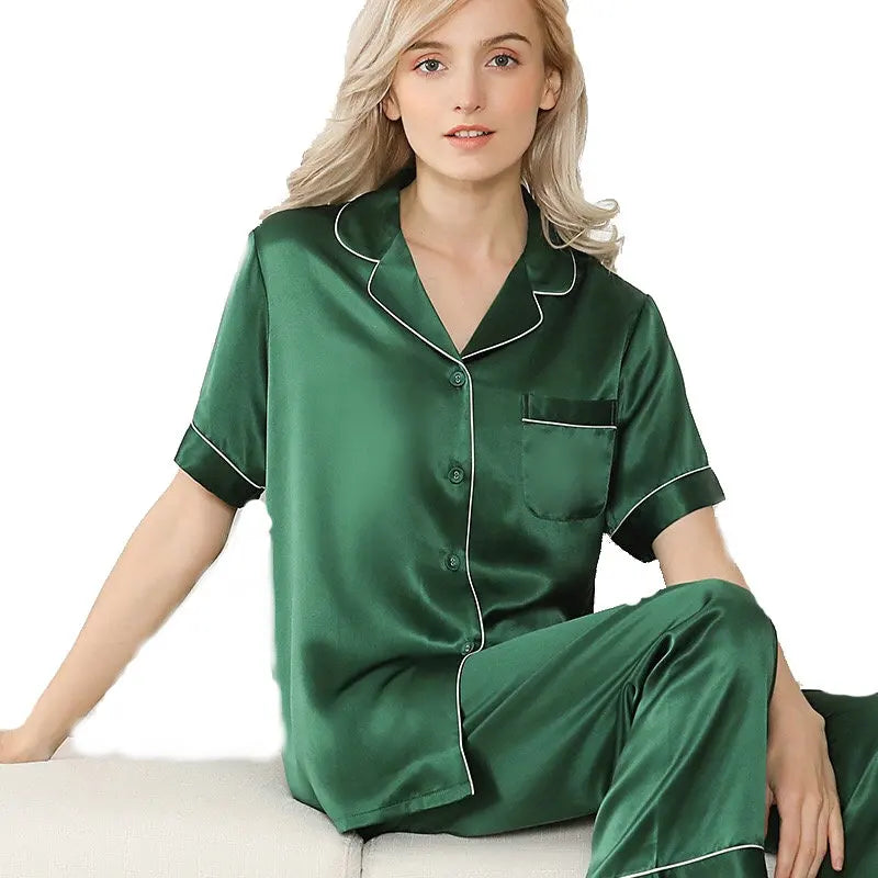 19 mm Women's Pure Silk Satin Pajama Sets OEM Service Solid Long Pants Short Sleeved Shirt Plus Size Nightgowns for Summer
