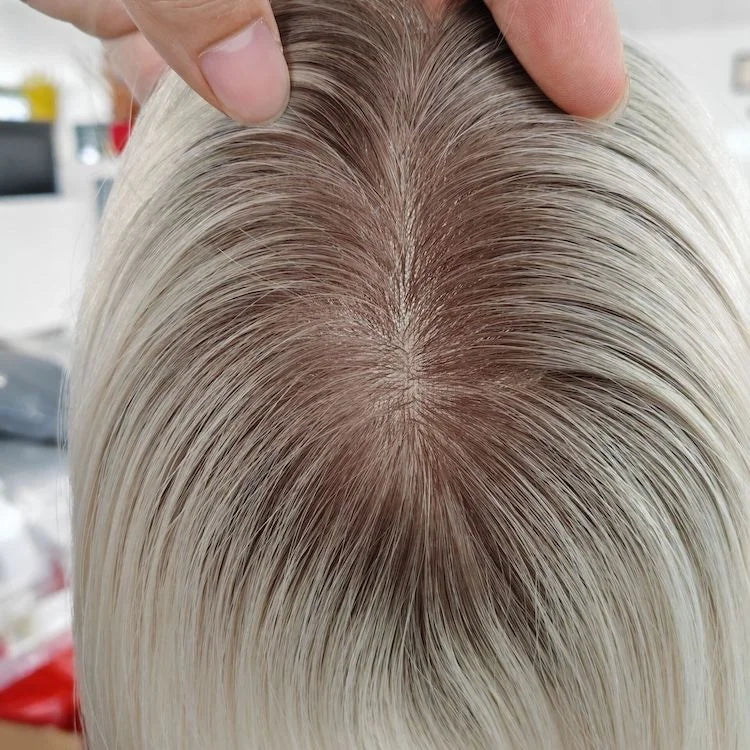 High Density Silk Straight Virgin European Hair Lace Front Topper #7/#60 for Ombre Blonde Color Transparent Lace