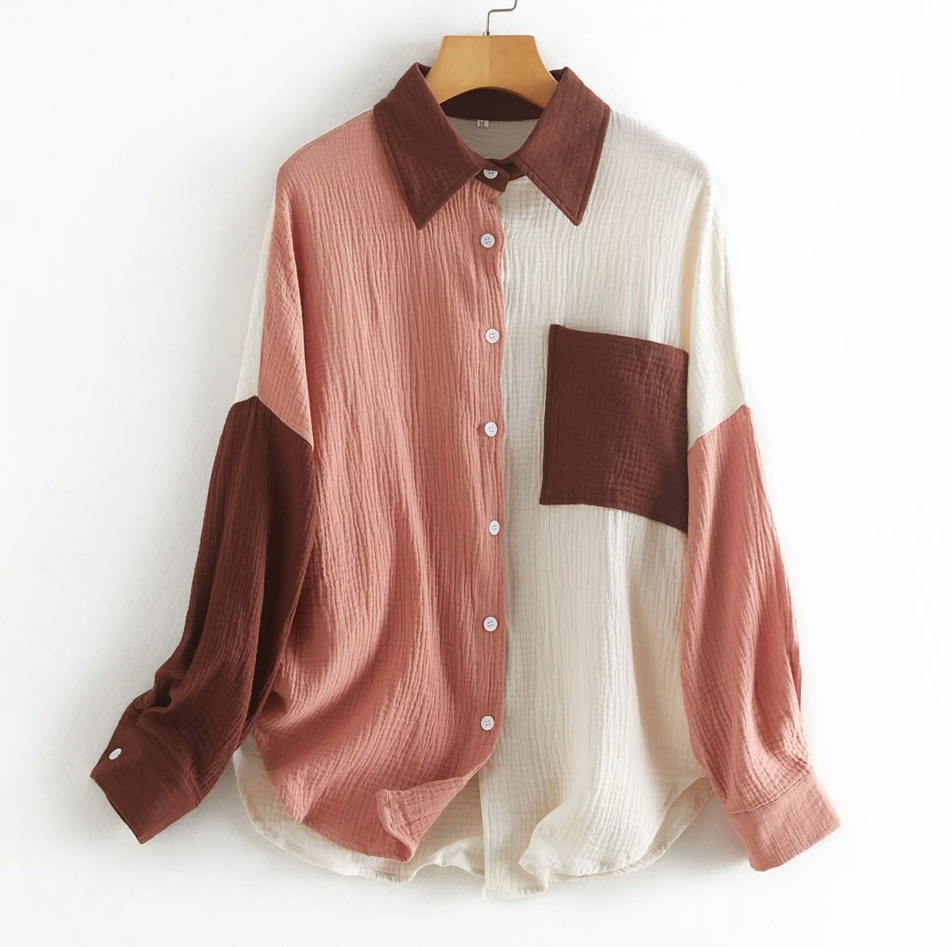 S-XXL Spring and Summer New Women's Casual V-neck Long-sleeved Shirt With Contrast Button Lapel Shirt