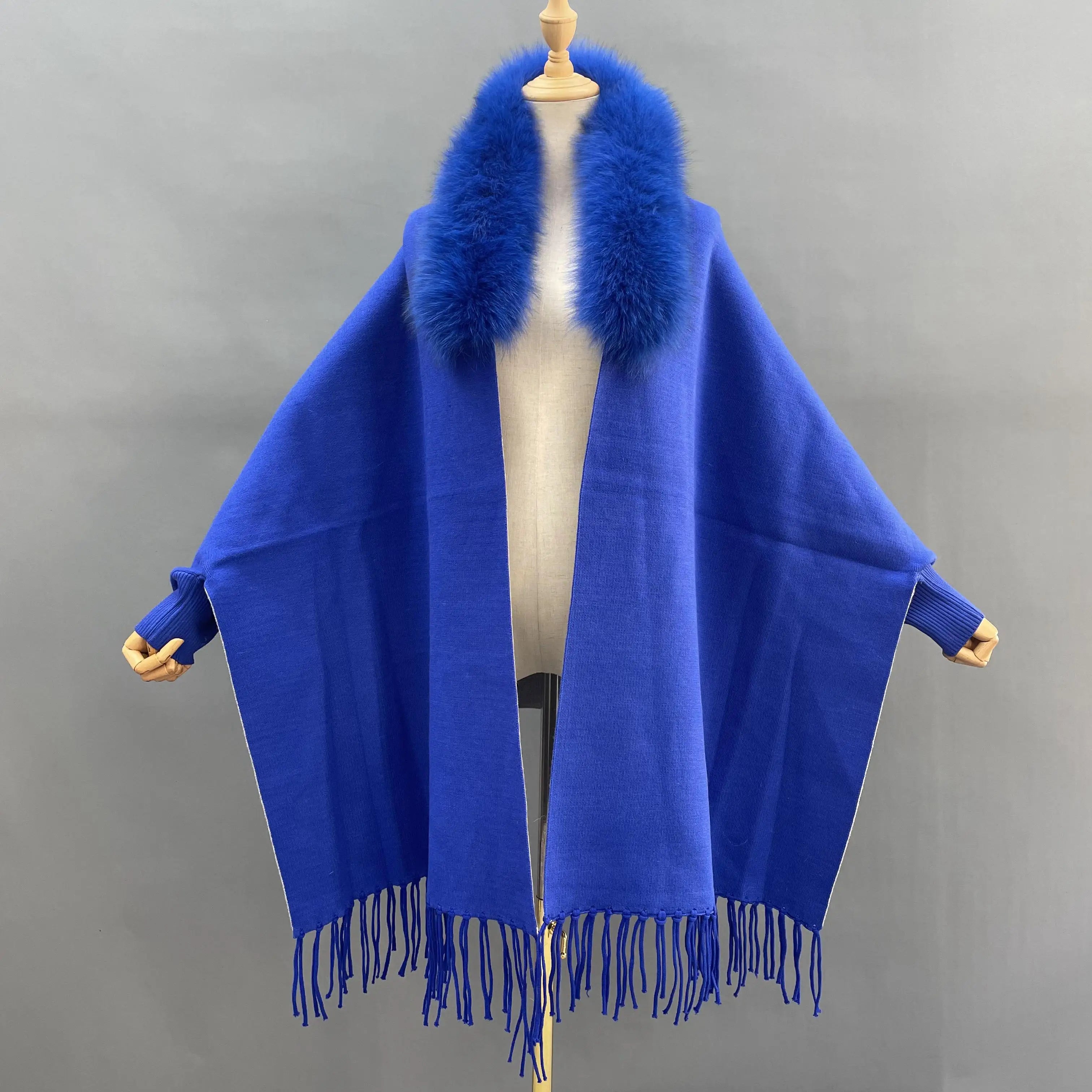 Elegant Style Women Knitted Fur Fox Fur Collar Cashmere Wool Fur Shawl