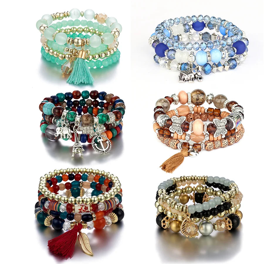Luxury Leaf Charms Stack Stretch Beaded Bracelet Sets Unisex Initial Glass Beads Bracelets & Bangles