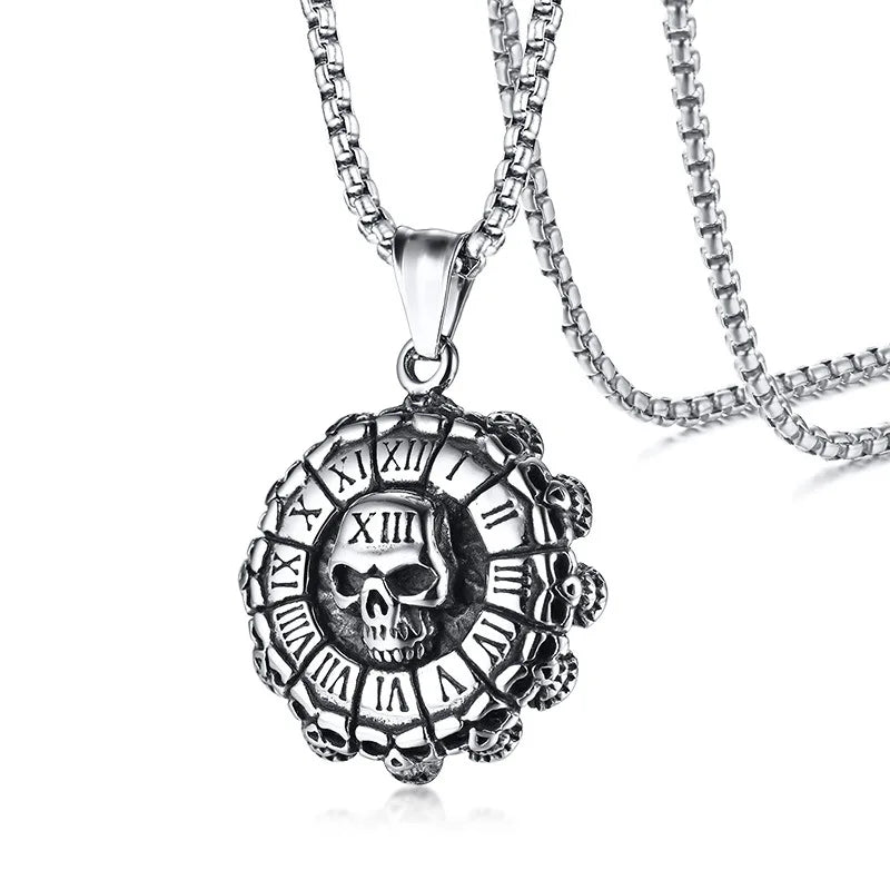 Rock Street Punk Style Roman Numeral Ghost Head Casting Skull Men Stainless Steel Skull Fine Pendant Necklace