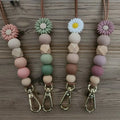 Custom Soft Silicone Little Daisy Charm PVC Lanyard Cute Pink Green White Bead Teachers Wooden Beads Lanyard for Id Card Holder