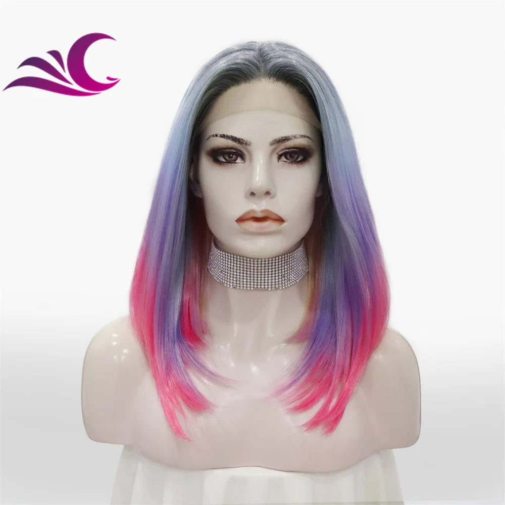 Celebrity Premium Synthetic Hair Wig Wholesale Ombre pink Blue Colorful Heat Friendly Short bob Lace Front Wig
