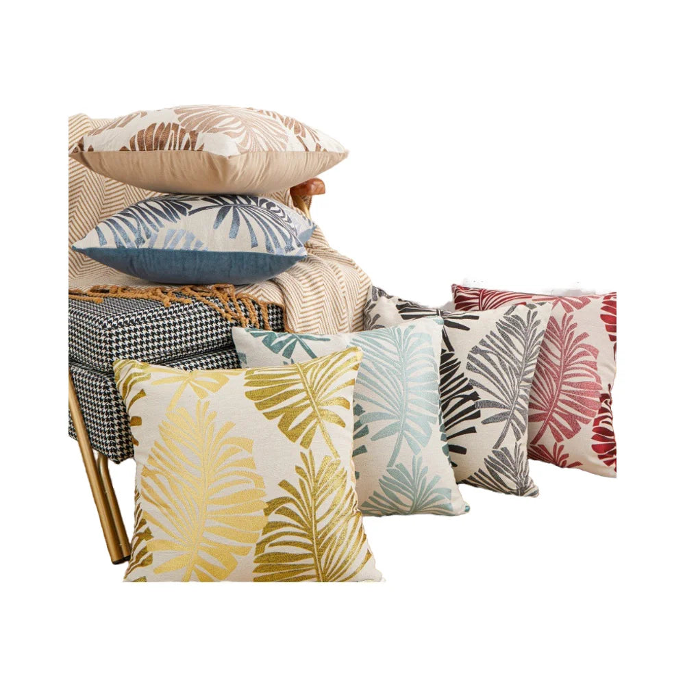 Polyester Faux Linen Sofa Couch Decorative Cushion Cover Pillowcase Striped Pattern Woven for Home Hotel Tropical Leaf Design